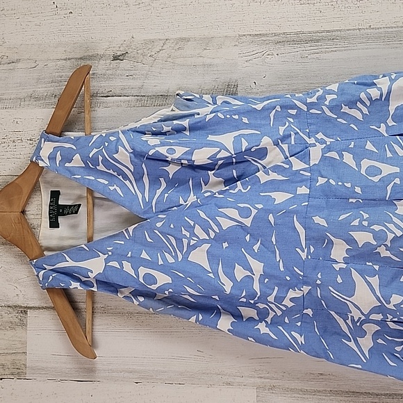 Lauren Ralph Lauren linen blue white sleeveless pleated lined dress Size 10 FLAW - Picture 2 of 14